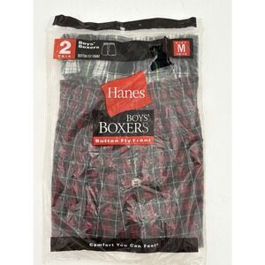 VTG Hanes Boys' Boxers 2 Pair Plaid Button Fly Sz M 10-12 Sealed 2002 NOS‎